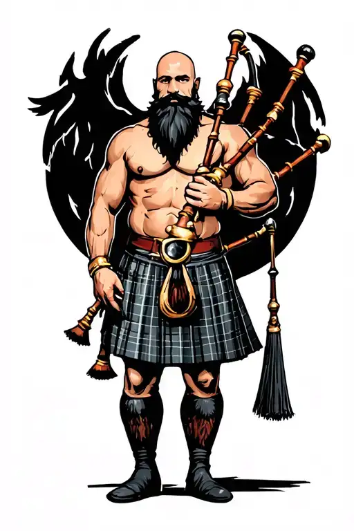 shirtless muscular bagpiper bald black beard playing bagpipes black background tattoo design idea