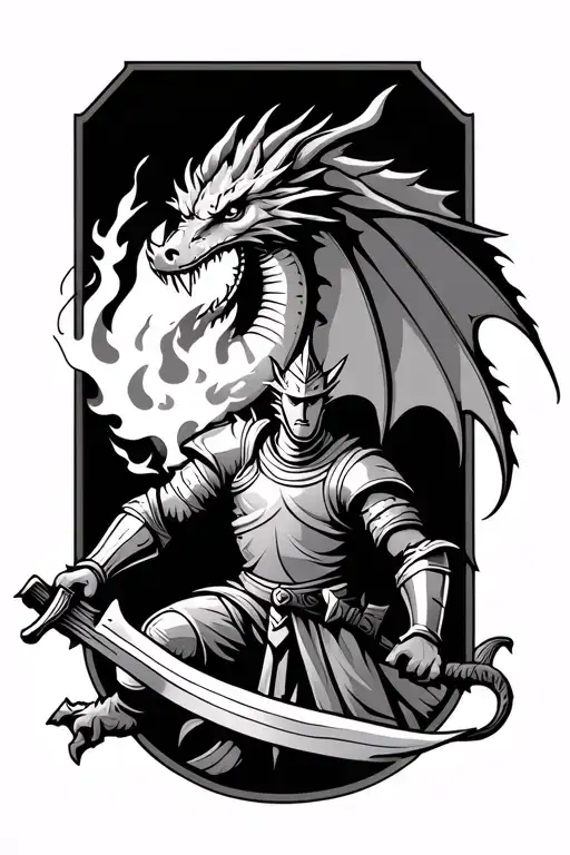 medieval dragon breathing fire above a knight holding a sword tattoo design idea