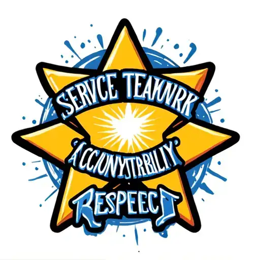 Star with words :service, teamwork, accountability, respect in blue and yellow tattoo design idea