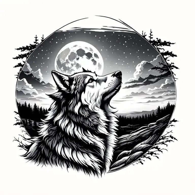 adult wolf howling at the moon in the distance tattoo design idea