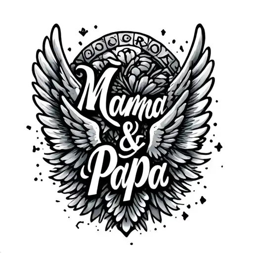 mama and papa text with wings spread tattoo design idea