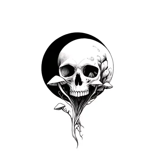 Skull with mushrooms growing inside with the moon merging together tattoo design idea