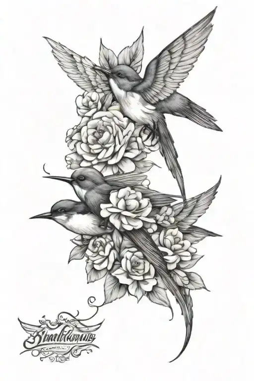 swallows, Flowers and Rita Jean-Guy and Gérard names tattoo design idea