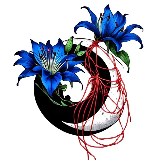 crescent moon with a blue spider lily flower wrapped in red string tattoo design idea