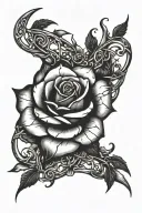 Rose on top, sun and moon floating in an open hand, intertwining with rose thorns tattoo design idea