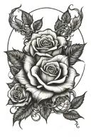 Rose on top, sun and moon floating in an open hand, intertwining with rose thorns tattoo design idea