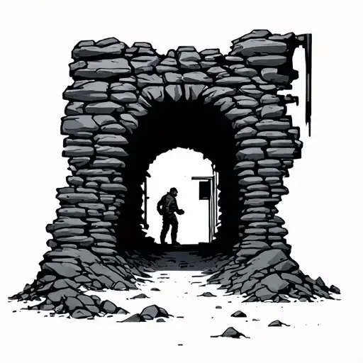 coal mine entrance  like rock cave and 1 man siluet  entering make it realistic  tattoo design idea