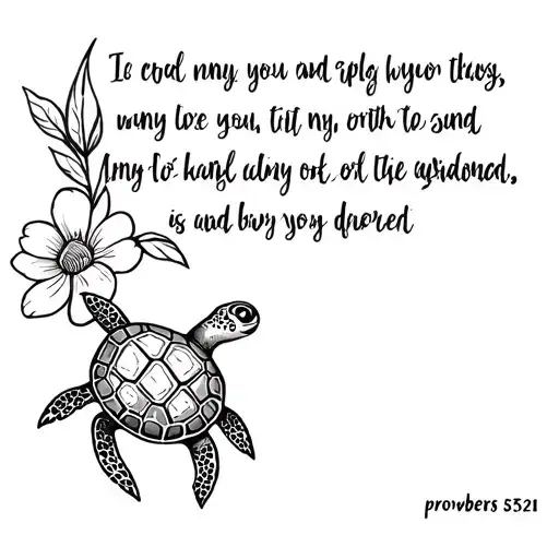 a Bible verse provbers 35:21 with a turtle and flower  tattoo design idea