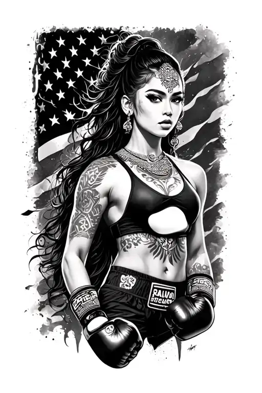 American Thai fighter, unique design, women empowerment tattoo design idea