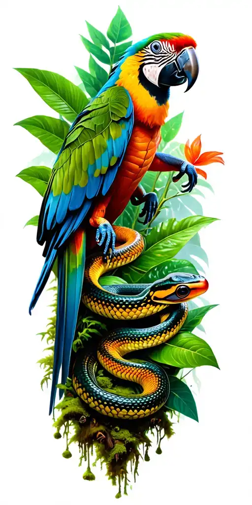 rainforest scene featuring poison dart frogs, snakes, a macaw, and lots of plants and moss and vines  tattoo design idea