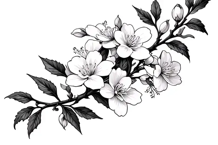 A long, winding branch of jasmine flowers with the flowers in various stages of  bloom.  tattoo design idea
