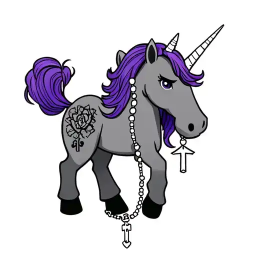 cartoon unicorn with purple hair wearing a white rosary tattoo design idea