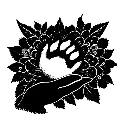 minimalist tattoo with a cat's paw and a woman's hand holding it in a floral spirit tattoo design idea