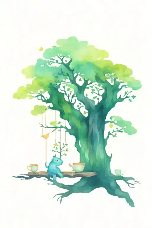 magical tree. underneath are forest animals having a tea party using a tree trunk as a table tattoo design idea