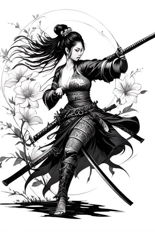 female asian war warrior wielding a sword in a yakuza tattoo style, asian flowers tattoo design idea