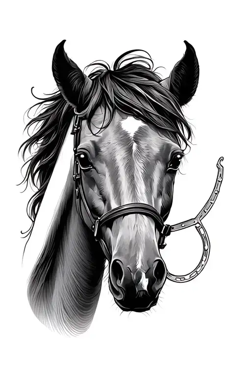 I want a fine line tattoo, which from top to bottom that begins with the face of a horse and a horseshoe tattoo design idea