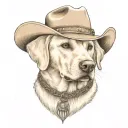 older golden female Labrador with a cowgirl hat on and collar and western theme tattoo design idea