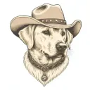 older golden female Labrador with a cowgirl hat on and collar and western theme tattoo design idea