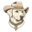 older golden female Labrador with a cowgirl hat on and collar and western theme tattoo design idea
