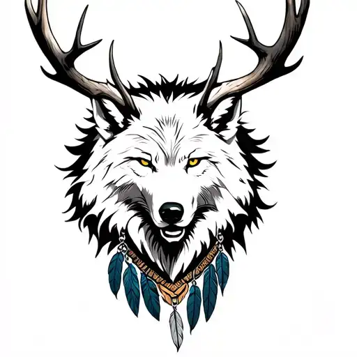 Front view of white wolf head with large antlers growing out of its forehead and it is wearing a crow feather necklace.  tattoo design idea