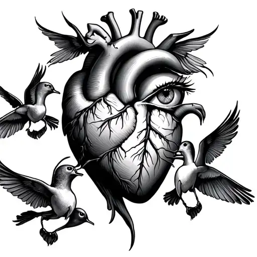 heart in anatomy with 2 eyes surrounded and 2 swallows in the other side tattoo design idea