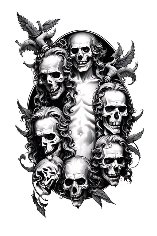 generate a tattoo design image with a concept of 7 sins , illustrate all of the sins with black and white in roman art tattoo design idea