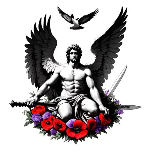 St Michael kneeling with wings spread, hold his sword, 9 doves above him and a wreath of red and purple poppies under hi tattoo design idea