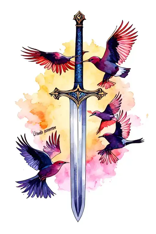 Sword with six birds flying around it. And it has to say "Unidos por siempre" tattoo design idea