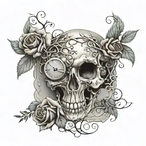 A skull with roses growing out of its eye sockets, surrounded by vines and a tombstone in the background tattoo design idea