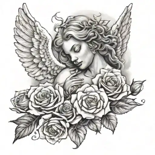 angel clouds and roses tattoo design idea