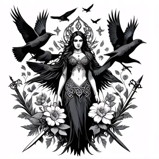 an image of the Celtic Goddess, the Morrigan. Surrounded by her associated flowers, weapons and multiple flying crows.  tattoo design idea