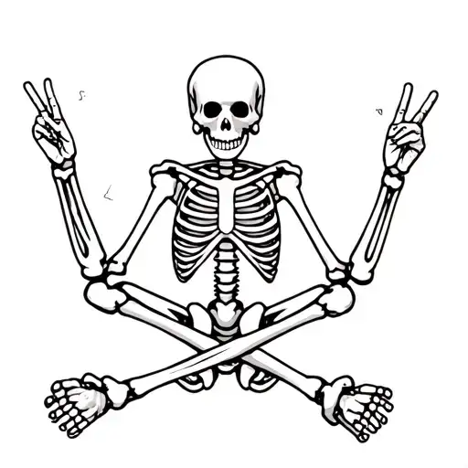 Skeleton sits criss-cross, wearing groovy clothes. One hand holds a joint, the other gives a peace sign.  tattoo design idea