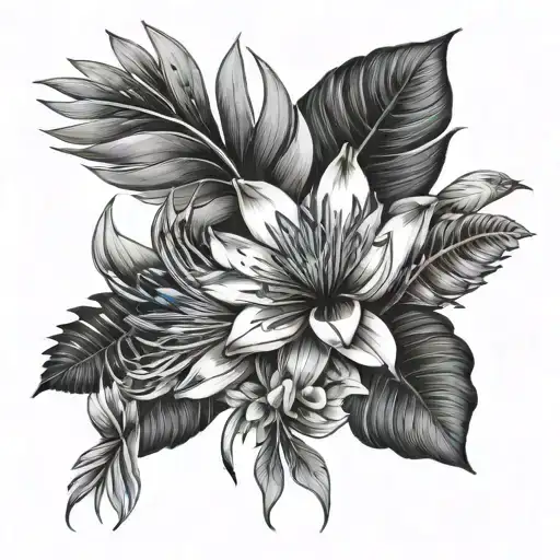 Exotic flowers: Hawaiian silversward, protea abd bird of paradise.  Full arm. Monochrome. Cartoon style. Tatoo for men. tattoo design idea