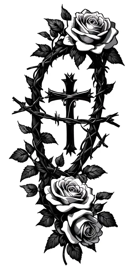 barbed wire with roses and cross tattoo design idea