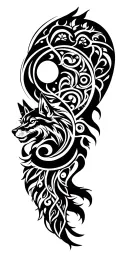 Norse Maori style, Skoll and Hati wolves chasing sun and moon, geometric Polynesian patterns, Yggdrasil with taiaha trun tattoo design idea