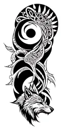 Norse Maori style, Skoll and Hati wolves chasing sun and moon, geometric Polynesian patterns, Yggdrasil with taiaha trun tattoo design idea