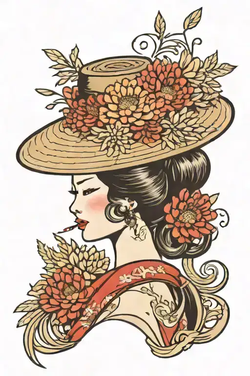 geisha using oriental straw hat with chrysanthemum floral filler tattoo design idea