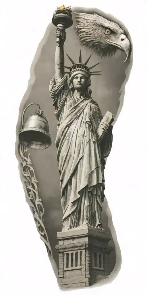 Statue of Liberty with liberty bell and eagle tattoo design idea