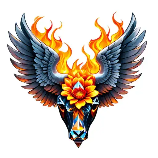 bull fire wings diamond flowers tattoo design idea