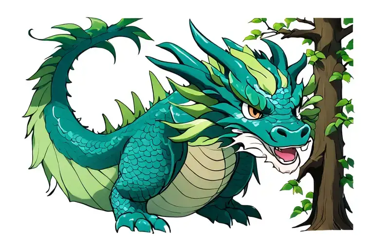 make the dragon Haku from the anime Spirited Away peek out from behind the tree tattoo design idea
