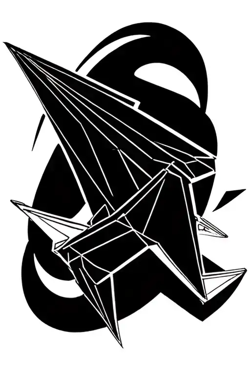 A fine-line black-ink tattoo of a paper airplane, drawn with one continuous line. Its flight path loops intoan opn swirl tattoo design idea