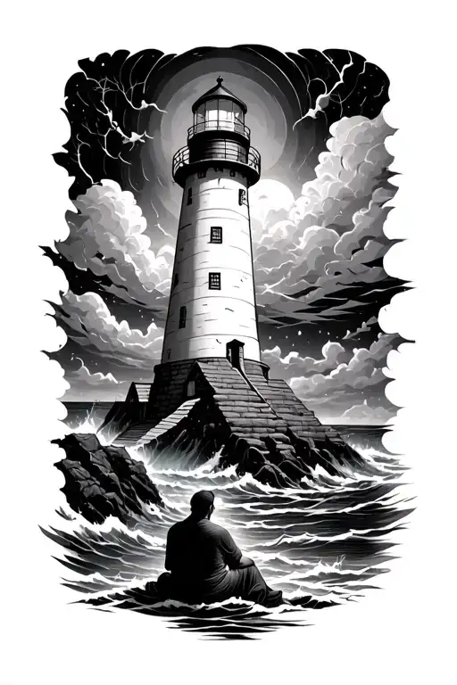a wide-body lighthouse standing firm in a storm while a person sits nearby in a state of zen. tattoo design idea