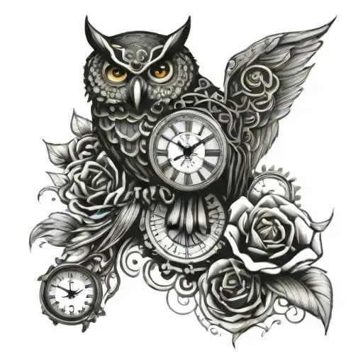 Steampunk Owl and clock inside and flowers intertwined tattoo design idea