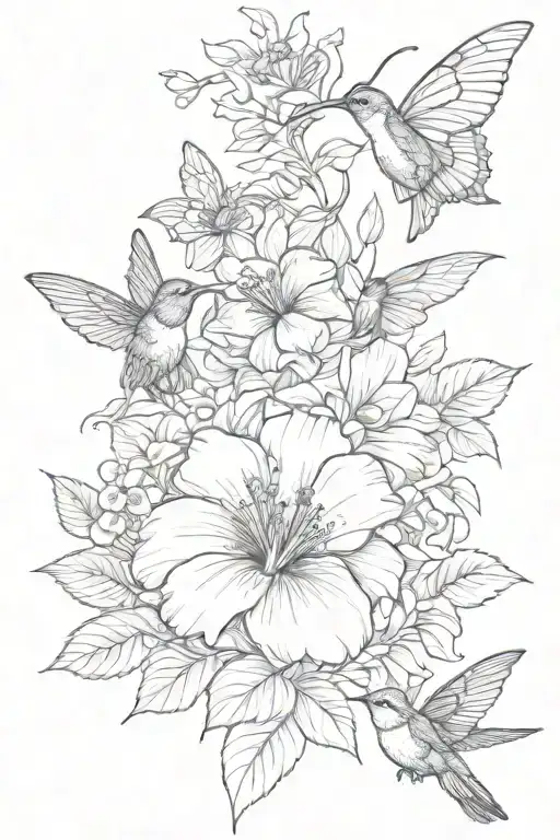butterfly roses hibiscus and hummingbirds  tattoo design idea