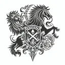Scottish clan crest in heraldic elements featuring claymore sword, unicorn, lion rampant, roses and thistles  tattoo design idea