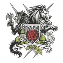 Scottish clan crest in heraldic elements featuring claymore sword, unicorn, lion rampant, roses and thistles  tattoo design idea