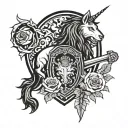 Scottish clan crest in heraldic elements featuring claymore sword, unicorn, lion rampant, roses and thistles  tattoo design idea