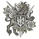 Scottish clan crest in heraldic elements featuring claymore sword, unicorn, lion rampant, roses and thistles  tattoo design idea