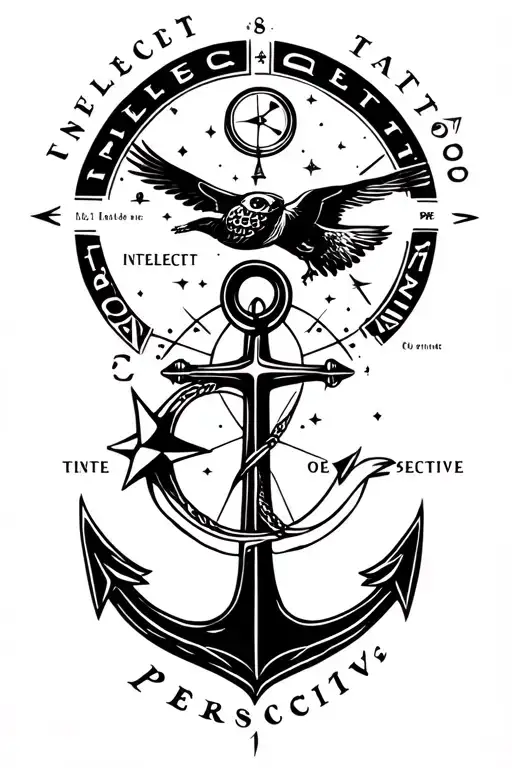 conceptual tattoo with an anchor, compass, owl flying, with the moon, and the words "intellect" and "persective" tattoo design idea