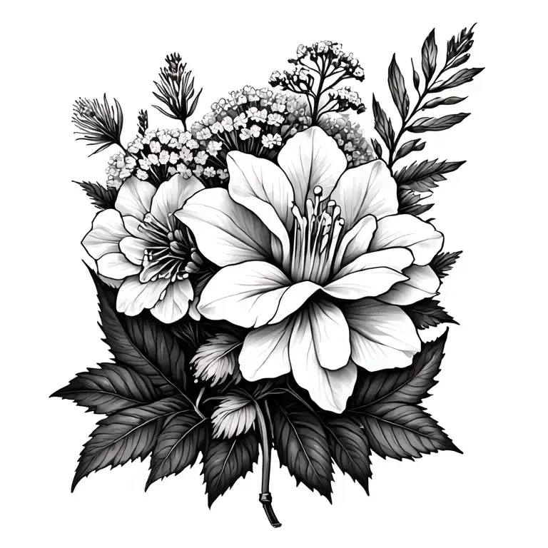 want a tatto starting at my ankel going up my leg that has yarrow ,black dahlia, wolfsbane and Rhododendron with leaves  tattoo design idea